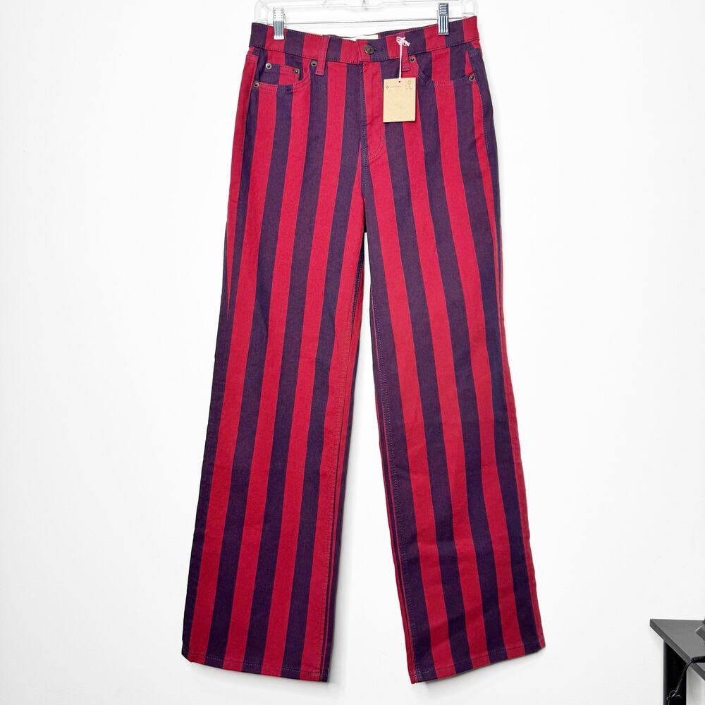 NWT Boden High Rise Stripe Straight Leg Pants 27 Petite Burgundy Navy - Picture 2 of 13